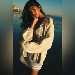 Oversized Cream and Blue Knit Cardigan